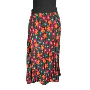LuLaRoe Jill Pleated Skirt Retro Floral On Brown Wide Waistband
